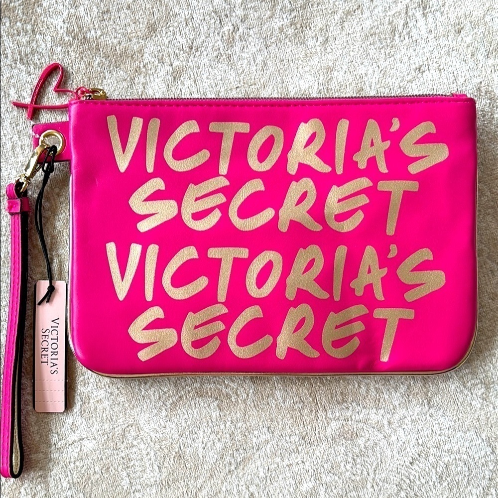 Brand New Victoria's Secret Pink & Gold Tone Clutch Bag Large Zippered Wristlet